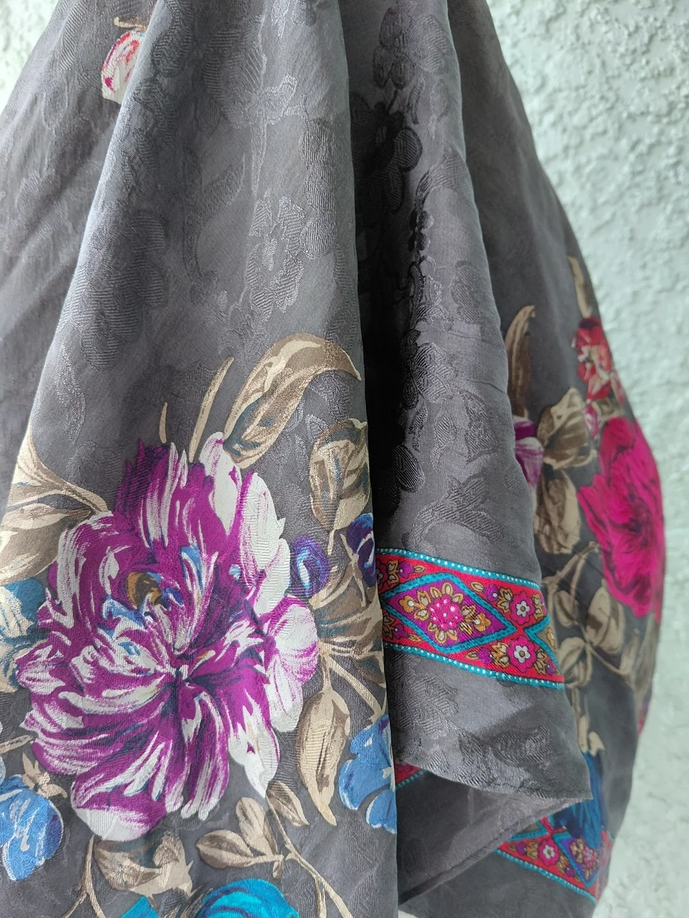 Vintage Liz Claiborne Floral Silk  Scarf Gray Pink Blue Oversized Wrap